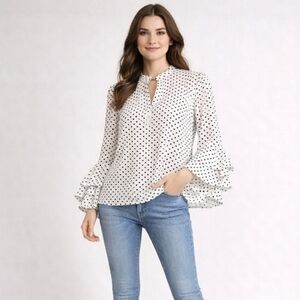Boston Proper Black White Polka Dot keyhole Ruffle SleeveBlouse L